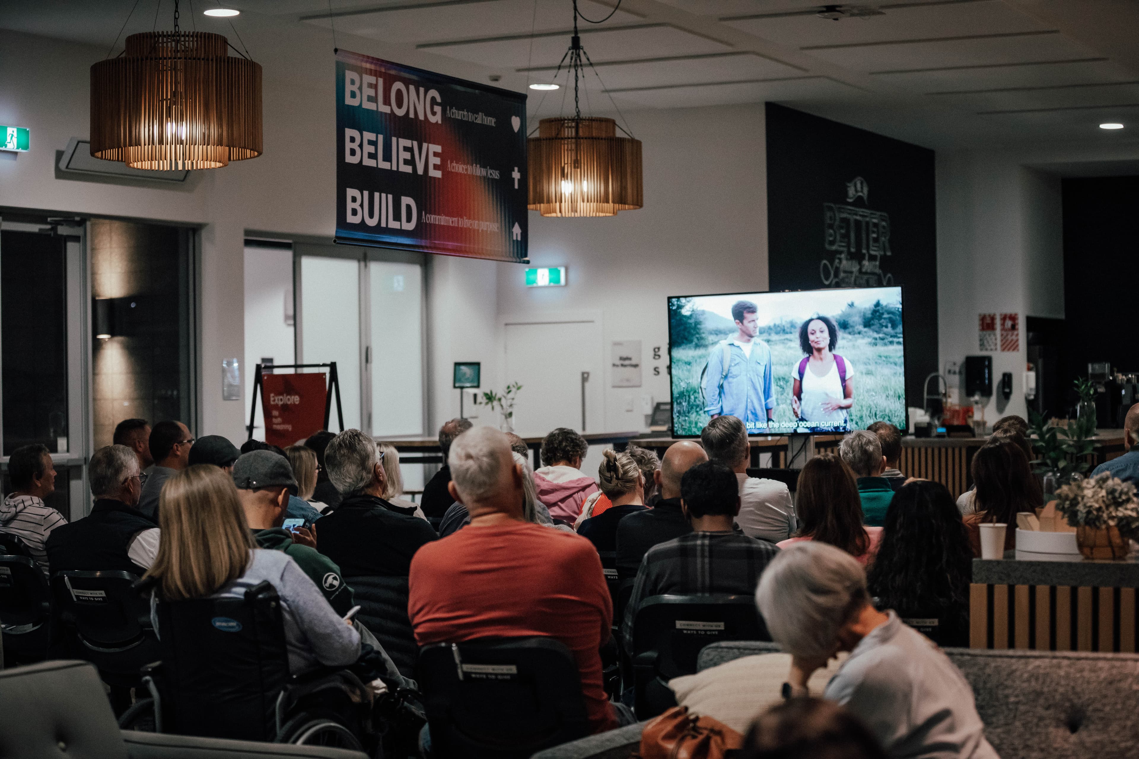 People watching an Alpha Course video at Night School at North Campus