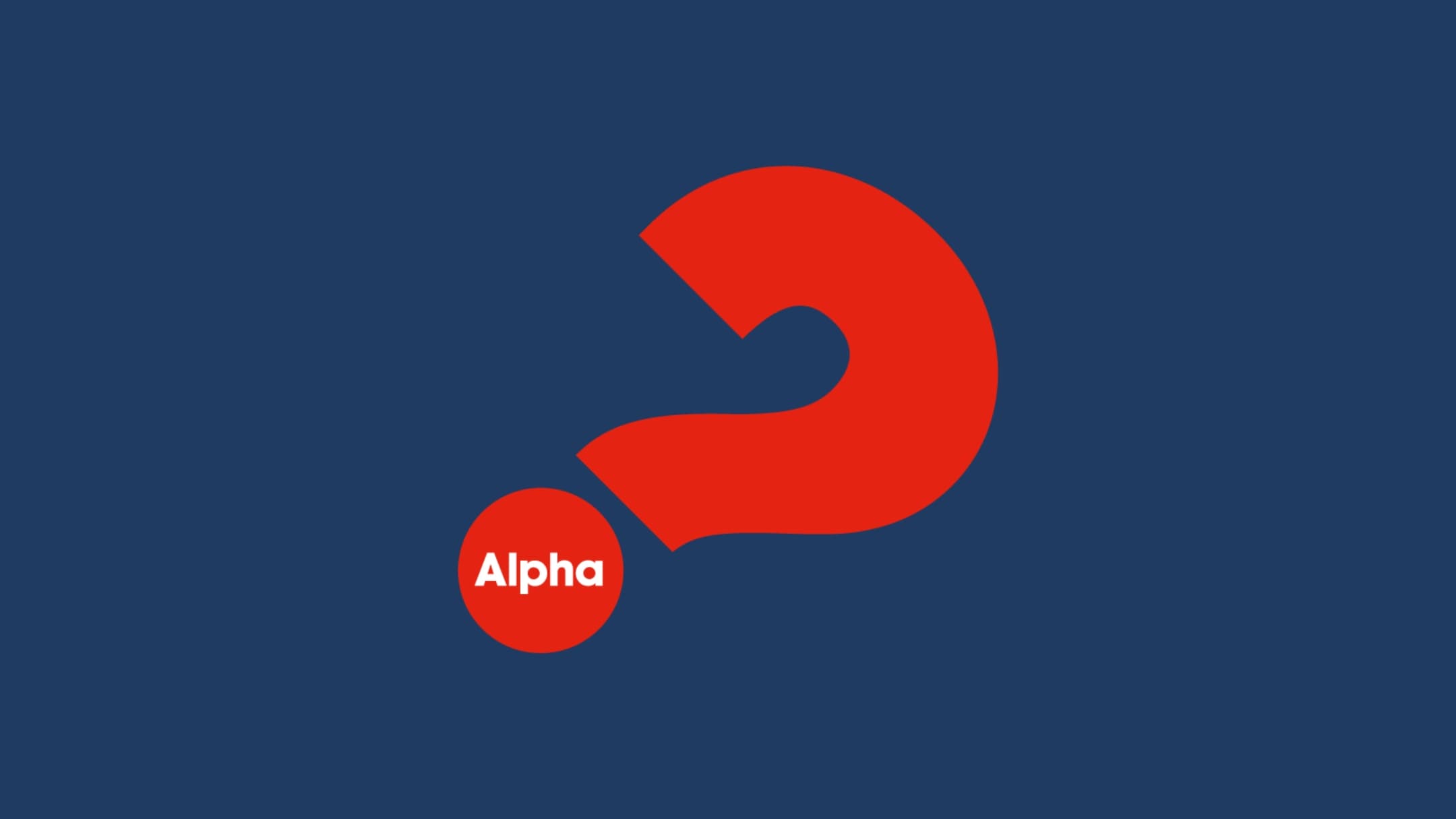 Navy blue background with red Alpha question mark logo