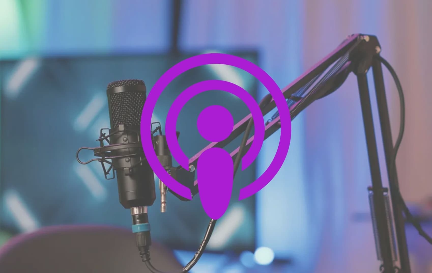 Podcast microphone image in background with Apple podcast logo overlaid